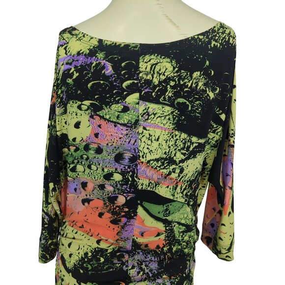 Julian Chang Abstract Art colorful Ruched Drawstring Mini Dress Dolman sleeves M - Picture 11 of 16